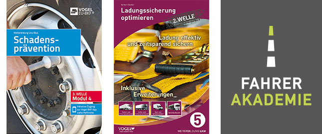 Titelseiten Ausbildungsmaterial und Fahrerakademie Logo